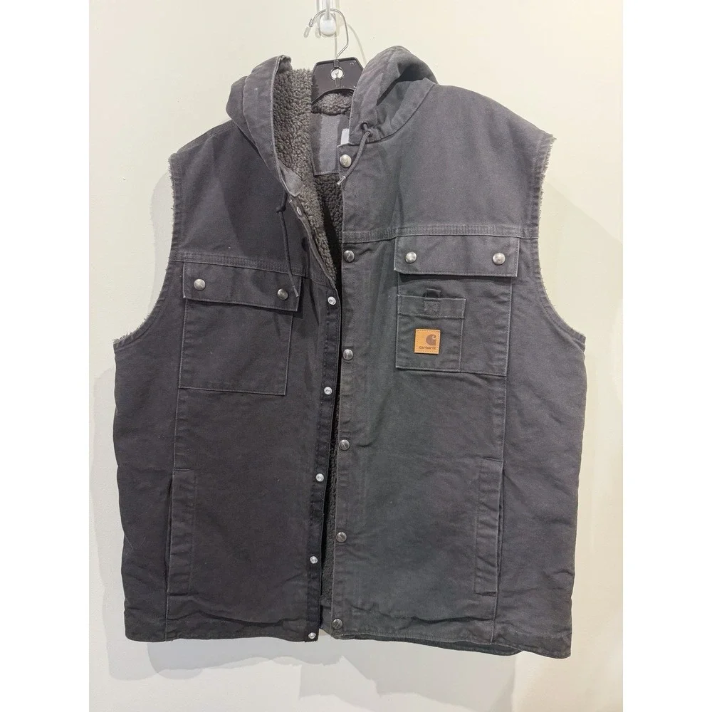 Carhartt Fleece-Lined Hooded Vest Black Snaps Pockets Men's Size XL Regular